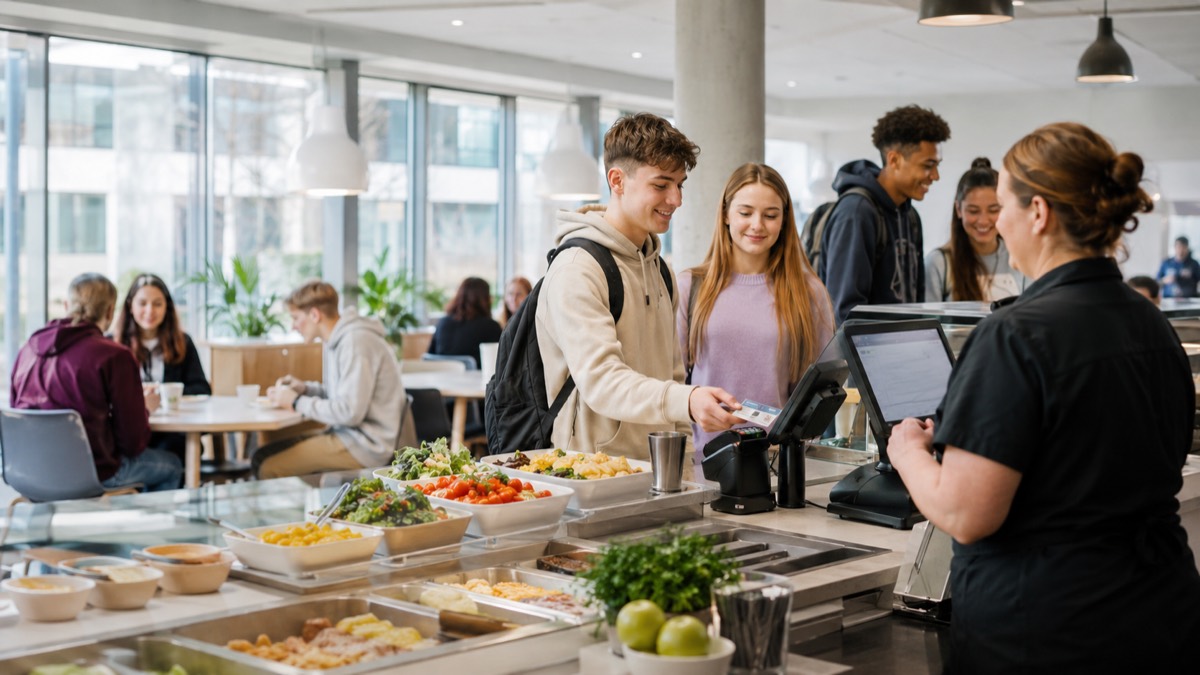 Students paying with a smart card at a college canteen till