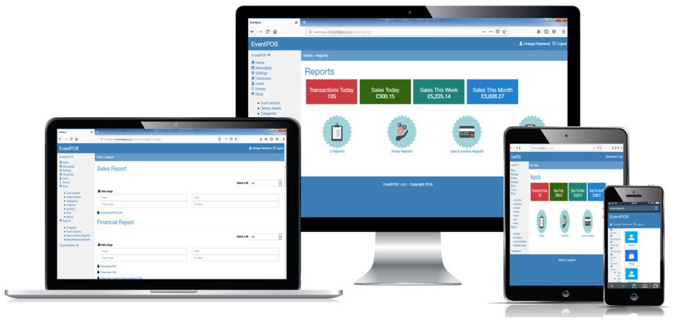 Eventpos cashless catering web application. Desktop and mobile devices